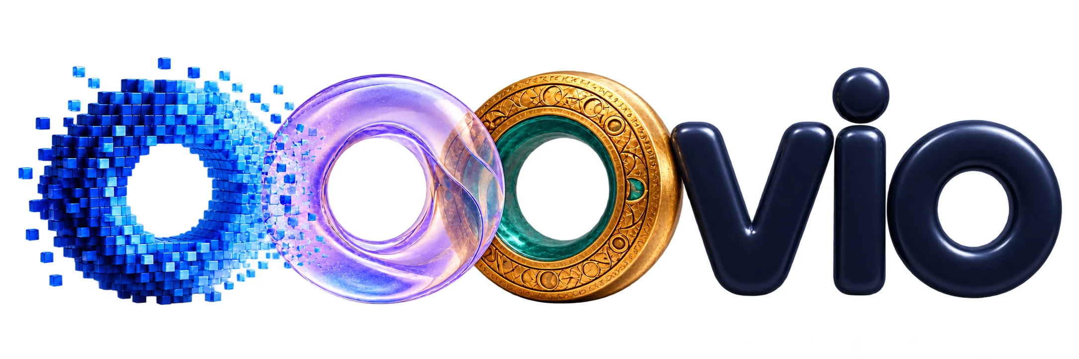 ooovio — three sculptural o letters in blue pixels, lilac glass and gold, joined to lowercase navy vio; pixels dissolve into glass, which overlaps gold